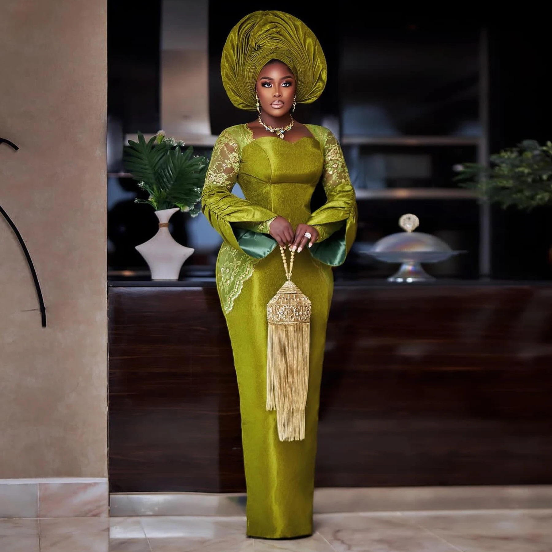 Traditional Nigerian Formal Occasion Dresses Green Silk Satin Lace African Wedding Party Dress Plus Size Aso Ebi Bridal Gowns