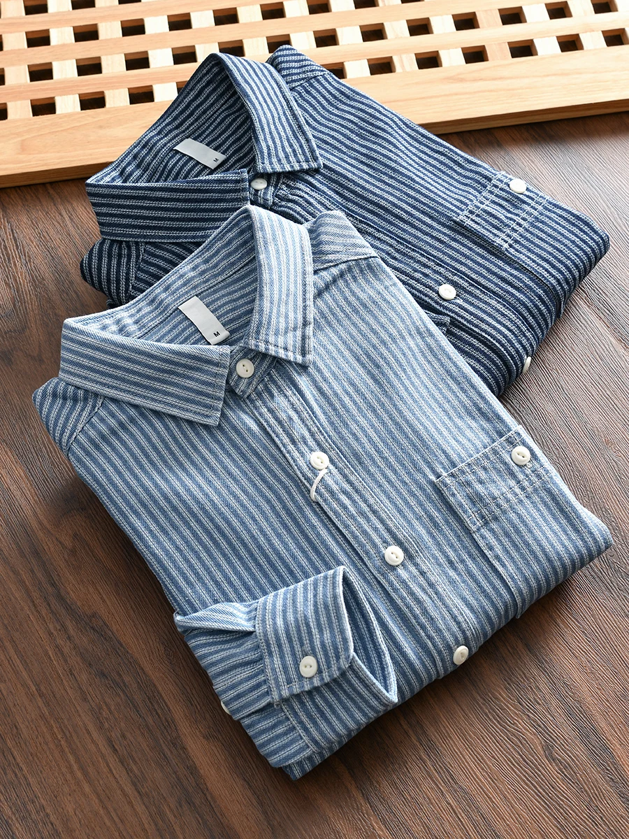 

American Casual Men's New Retro Striped Pocket Long Sleeve Shirt Fashionable Polyester Cotton Rayon Blend Standard Fit Urban ...