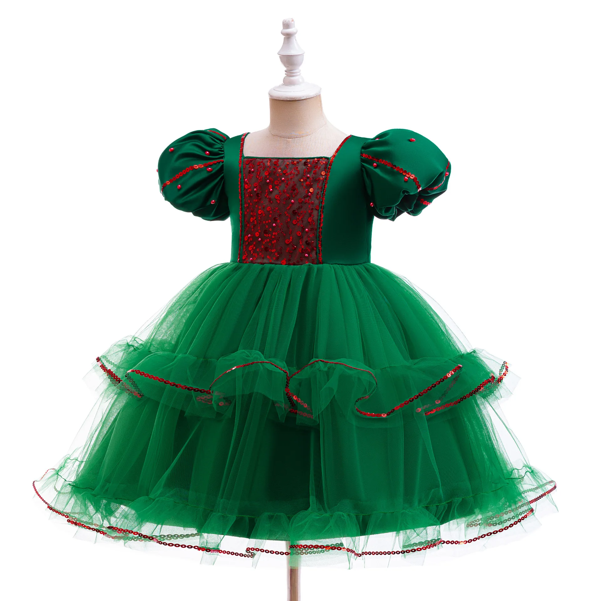 Christmas Girls' New Sequin Color Blocked Bubble Sleeves Mesh Princess Dress New Year Party Sweet and Cute Dress for 3-10 Years