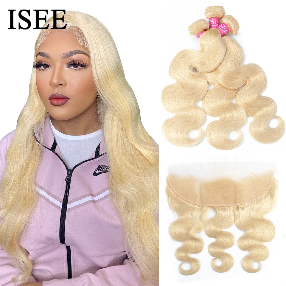 

ISEE HAIR Body Wave 613 Bundles With Frontal Brazilian Hair Weave Bundles Virgin Human Hair Blonde Bundles With Closure