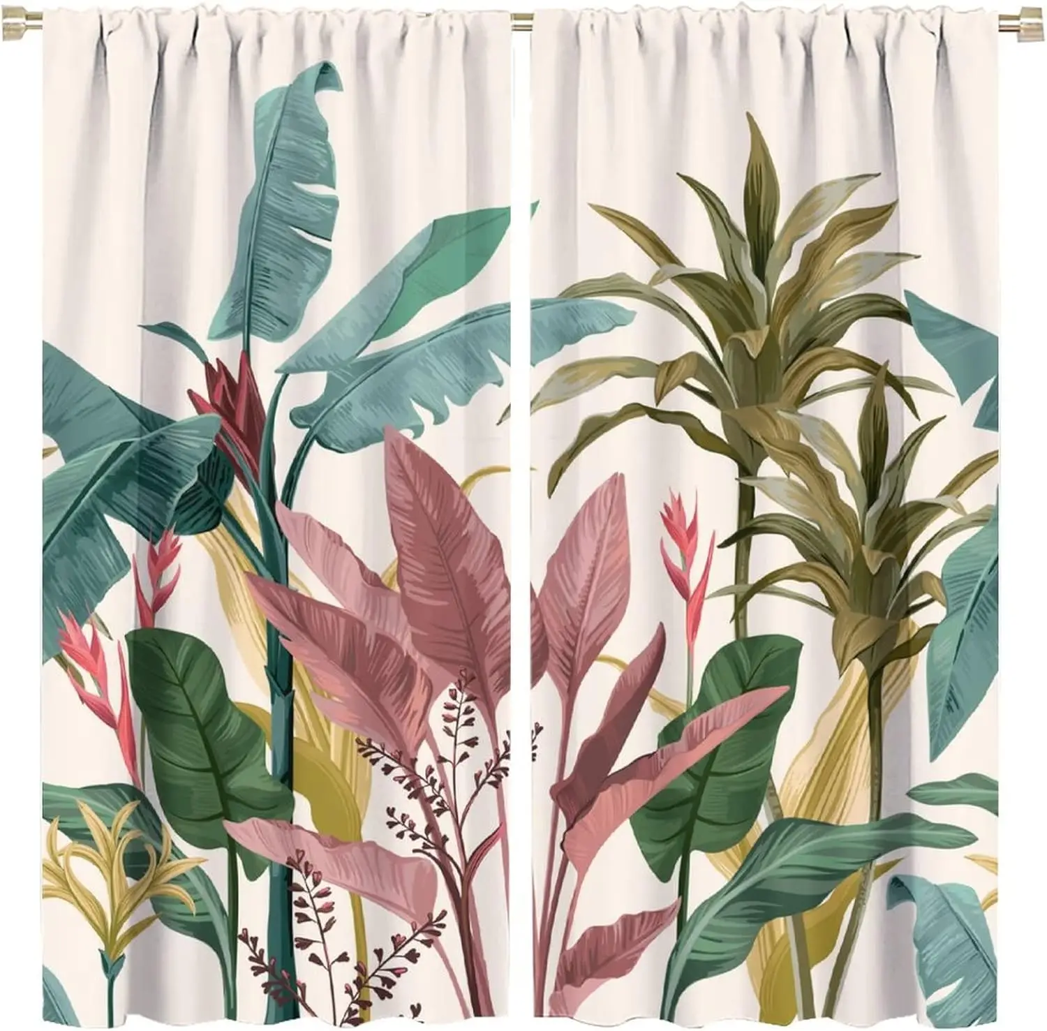 Tropical Leaves Flowers Curtains Retro Style Green Banana Leaf Calm Landscape Theme Rod Pocket Blackout Window Drapes 2 Panels