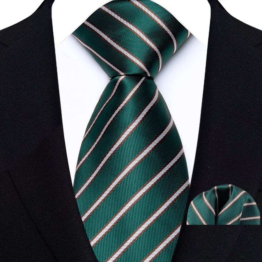 Men's Ties Dark Green Color Dot Striped Floral 8cm Jacquard Necktie Handkerchief Set Accessories Daily Wear Cravat Wedding Party