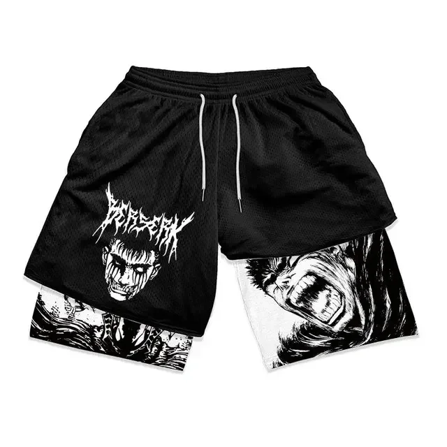 Anime Berserk Performance Shorts Guts Print Sport Running 2 in 1 Gym Shorts Training Men\'s Summer Workout Sportwear Y2K Shorts