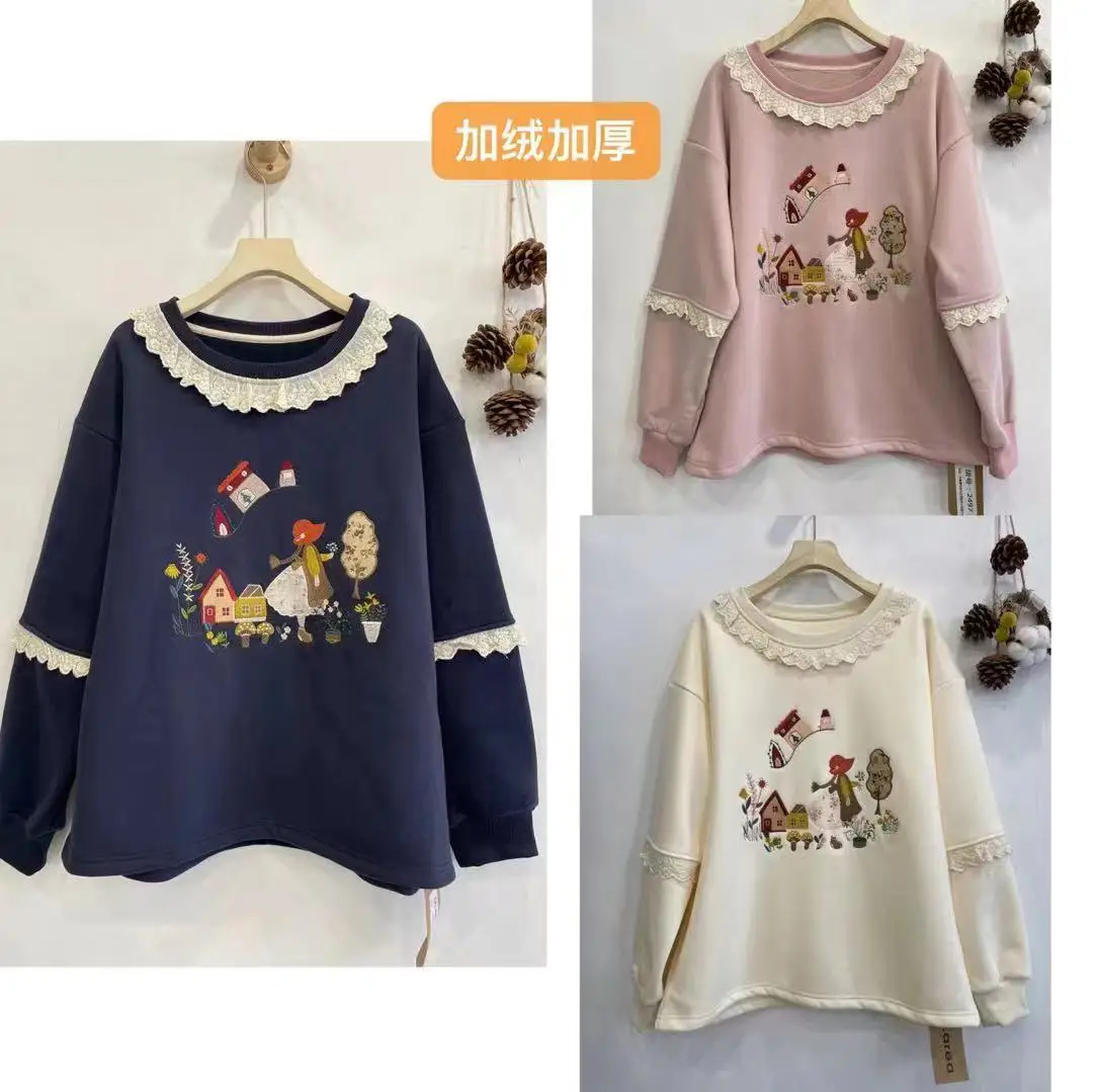 Japan Style Sweet Mori Girl Cute Cartoon Embroidery Fleece Sweatshirt Pullovers Women O-neck Long Sleeve Casual Loose Hoodie