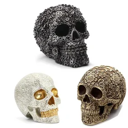 Creative Craft Skull Flowers Sculpture Horror Screw Gear Mechanical Style Statue Home Halloween Skeleton Head Decorative Crafts