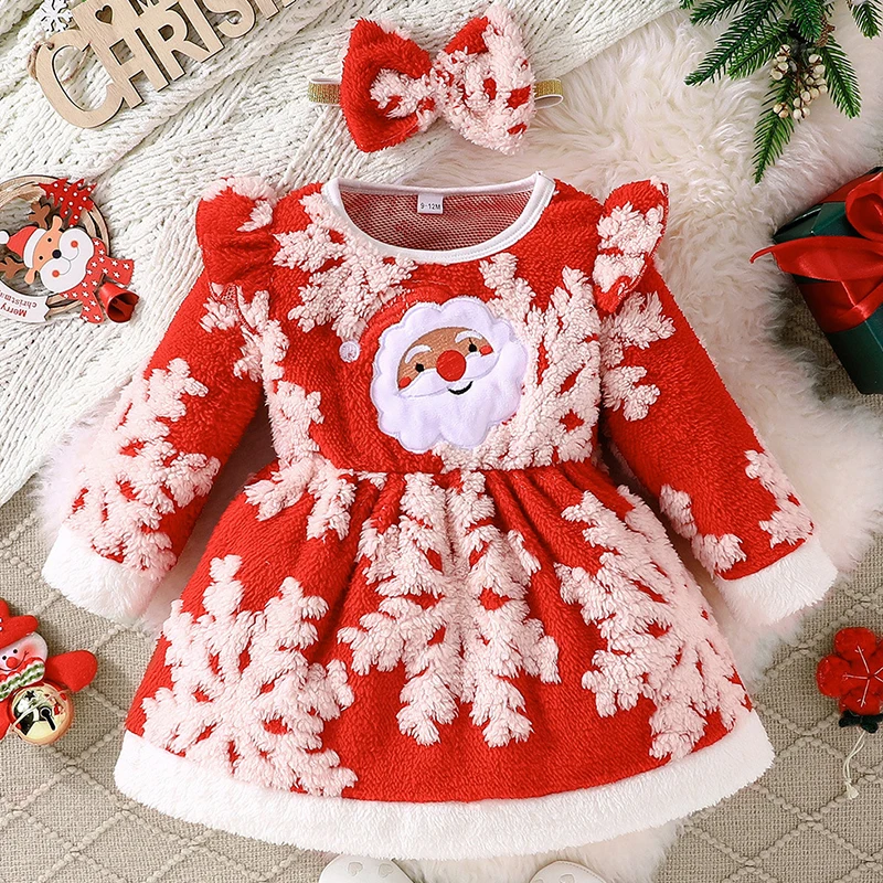 2Piece Set Winter Kids Girls Clothes Christmas Cartoon Cute Snow Fleece Warm Baby Dresses+Hair Band Toddler Princess Dress BC661