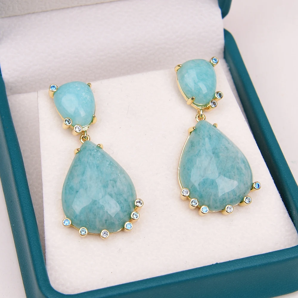 g g natural verde amazonite forma teardrop cz pave banhado a ouro brincos dangle partido elegante joias drop shipping 01