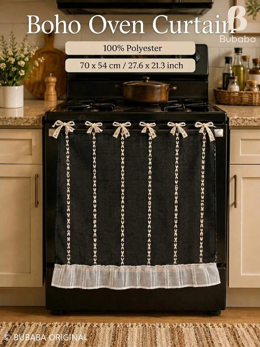 Boho Oven Door Curtain, Bow Tie Design Embroidered Kitchen Oven Cover Curtain with Ruffle Trim, Polyester Decorative Stove Door