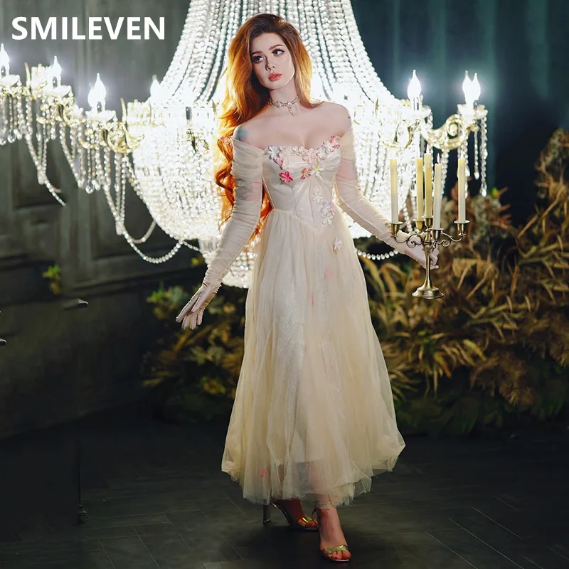 

Smileven A-line Pure Desire Off Shoulder Prom Dresses 3D Flowers Appliques Tea-Length Party Evening Dress Gift Customized 2025