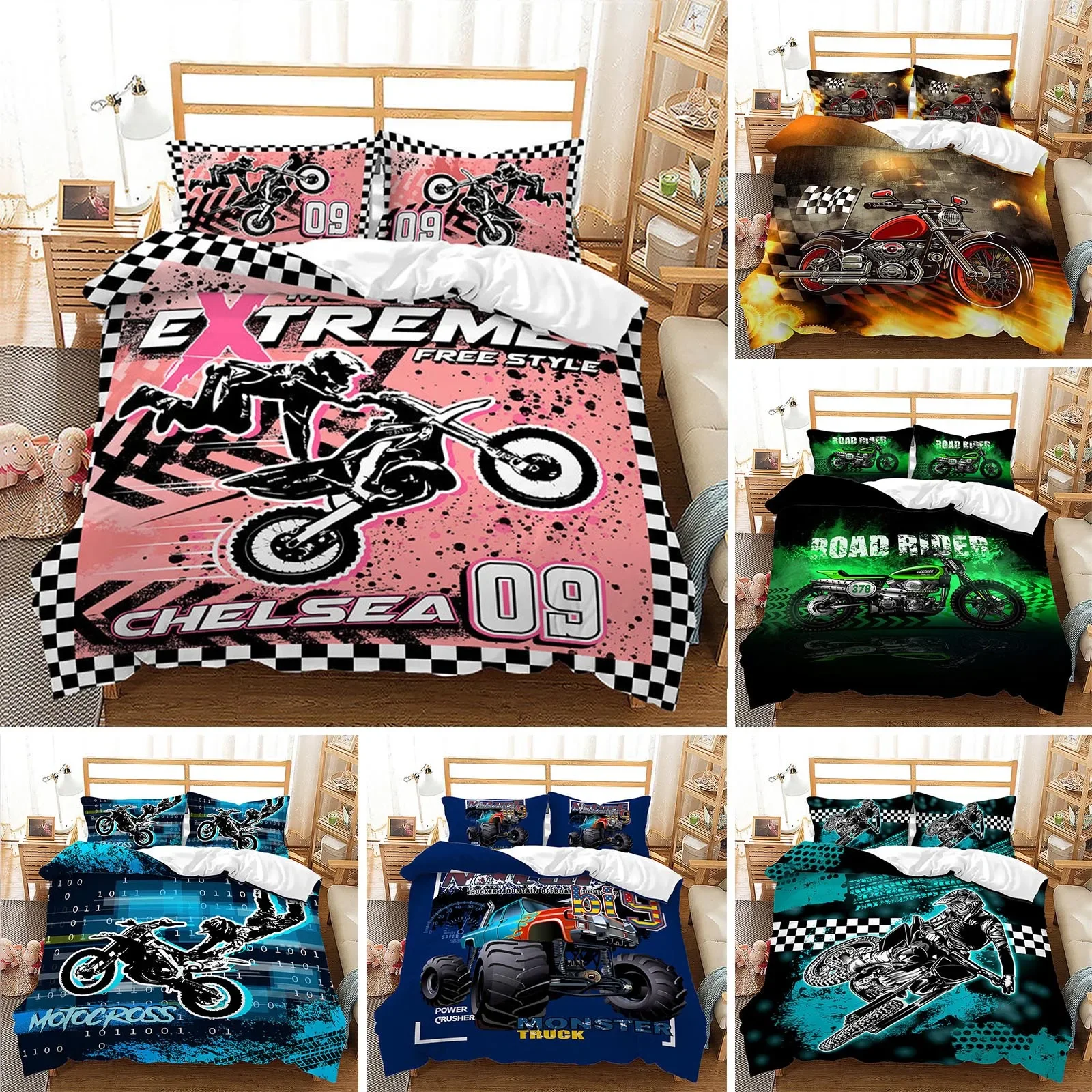 

Racing Motorcycle King Duvet Cover Microfiber Extreme Sport Comforter Cover Cruising Locomotive Motocross Dirt Bike Bedding Set