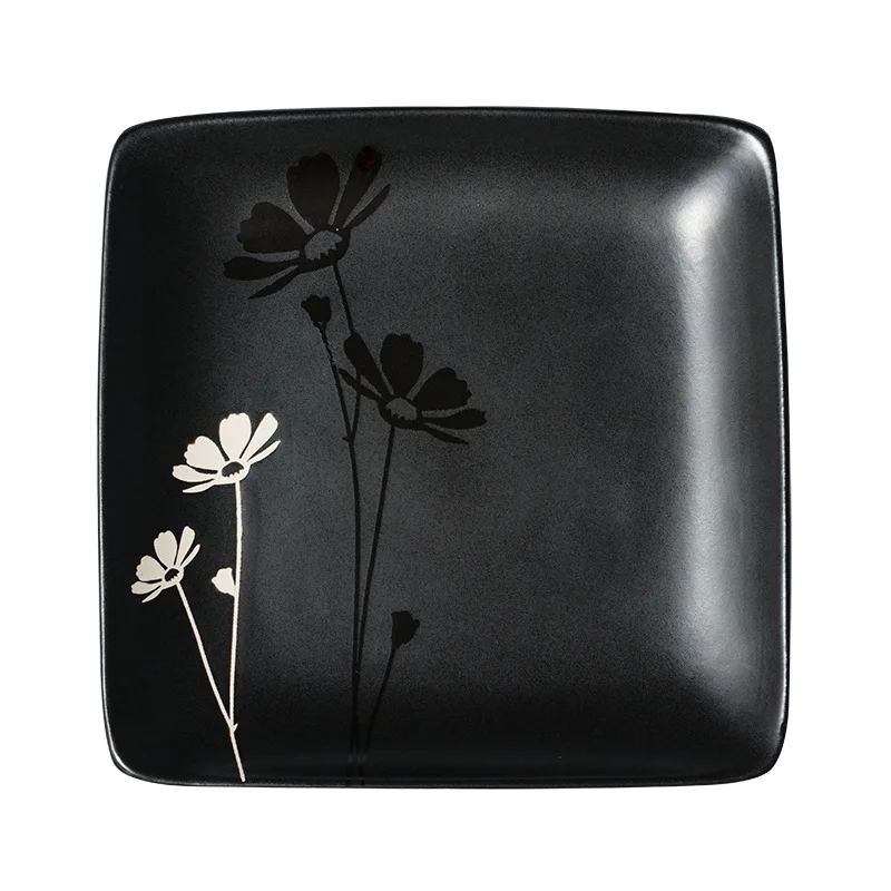 Hand-painted Daisy Ceramic Tableware Black and White Square Plate Square Dish Household Hexagonal Small Rice Bowl Square Bowl