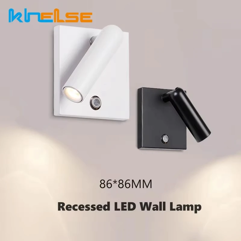 86 Box Recessed LED Wall Lamp with Switch Adjustable Bedroom Headboard Reading Light 3W Mini Spotlight Sconce Fixture AC110-240V