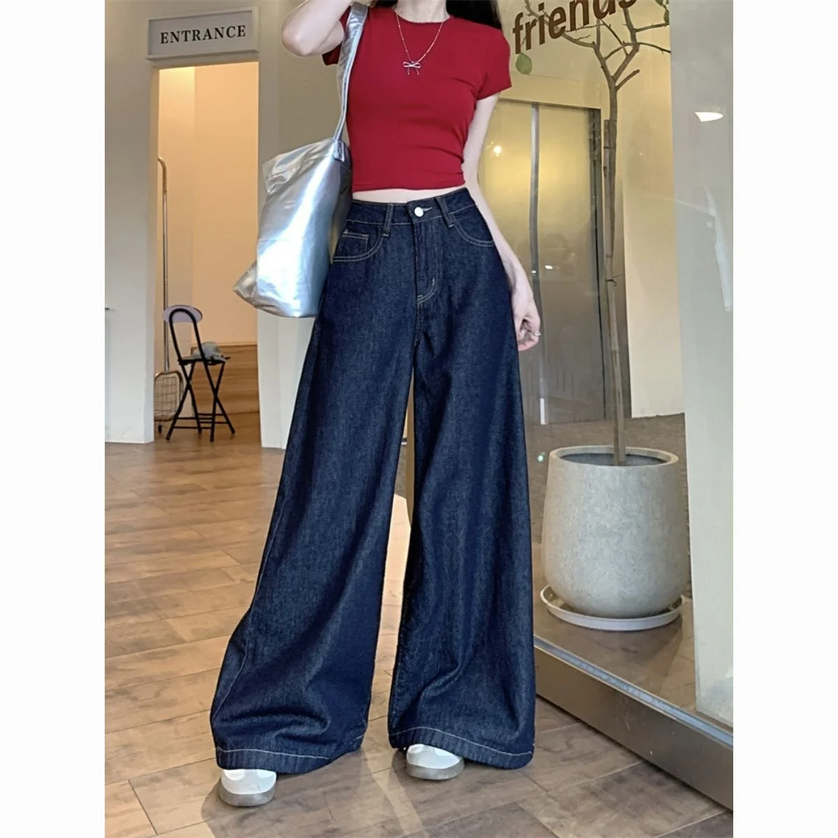 Korean Fashion Wide Leg Jeans Women's Spring Autumn New Hong Kong Style Loose Slimming Draping Floor-Length Trendy Pants