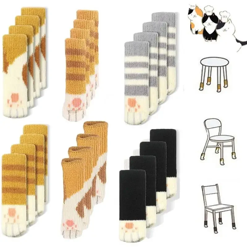 24/4pcs Cute Cat Paw Knitted Furniture Socks Non Slip Chair Leg Covers Floor Protectors Leg Table Booties Pads Fit Square Round