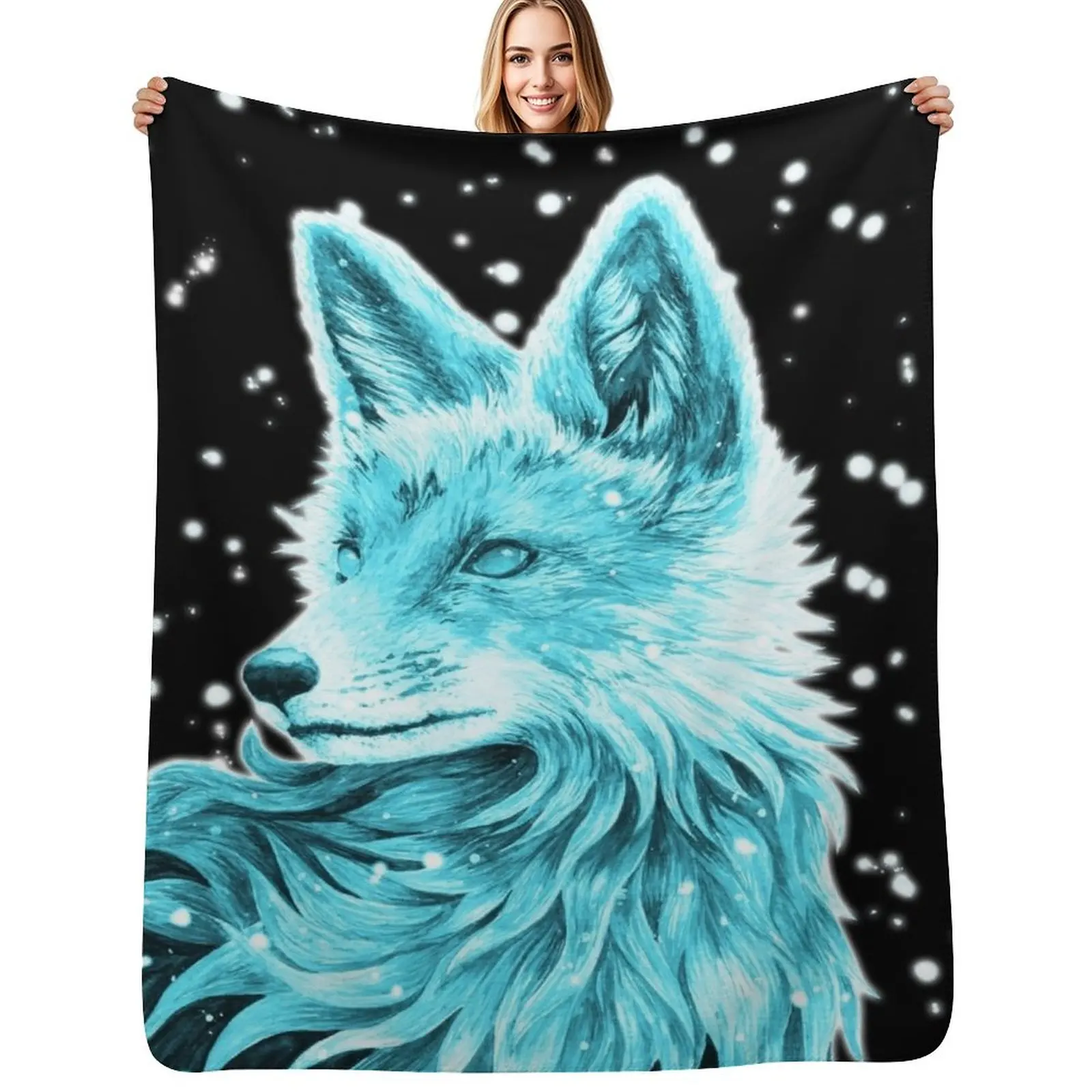 

Blue Fox - The Snow Fox Kitsune Throw Blanket Personalized Gift Blankets For Baby valentine gift ideas Winter beds Blankets