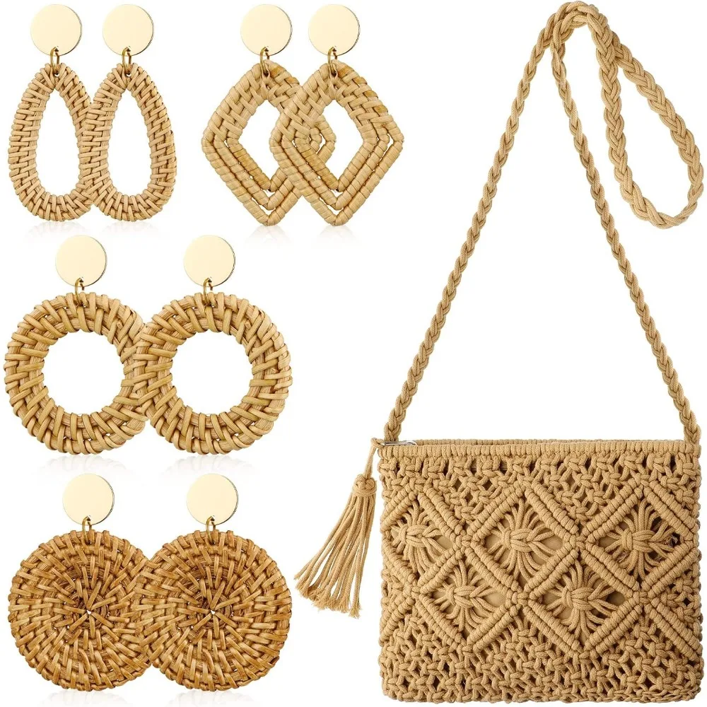 

9 Piece Straw Bag and Earrings Set for Women Summer Beach Vacation Boho Crossbody Woven Clutch