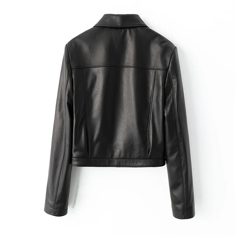 Vestes courtes classiques noires en cuir véritable pour femmes, veste de moto à fermeture éclair Simple, manteaux en peau de mouton véritable, coupe cintrée, 2025