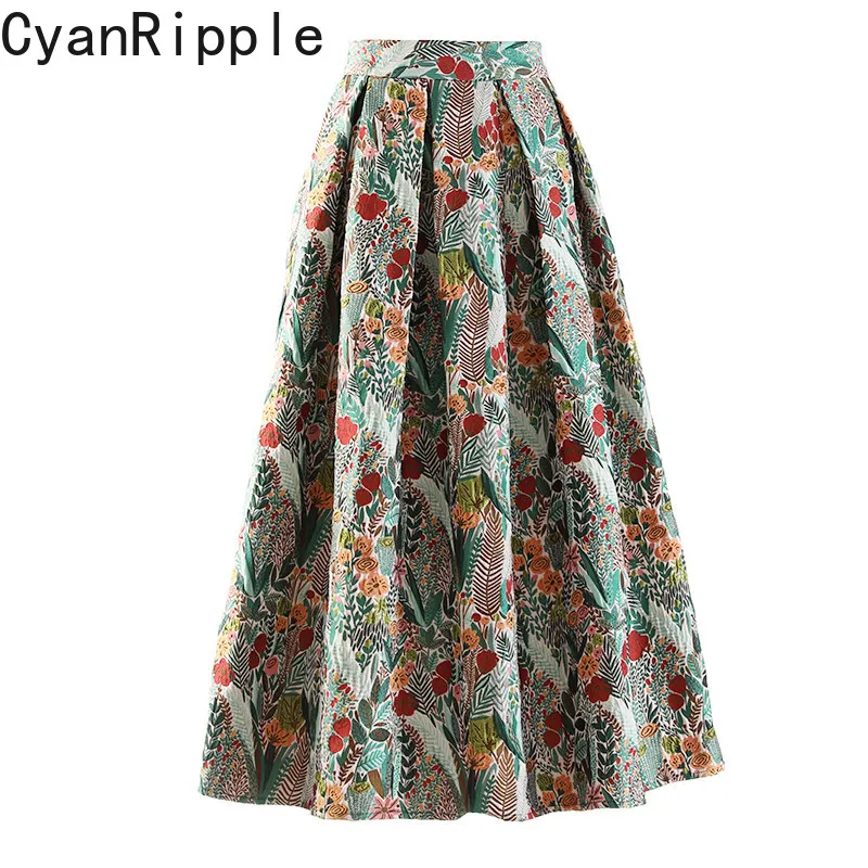 High Quality National Style Vintage Embroidery Jacquard Women Pleated Skirt Spring Autumn High Waist Elegant Mid-length Skirts