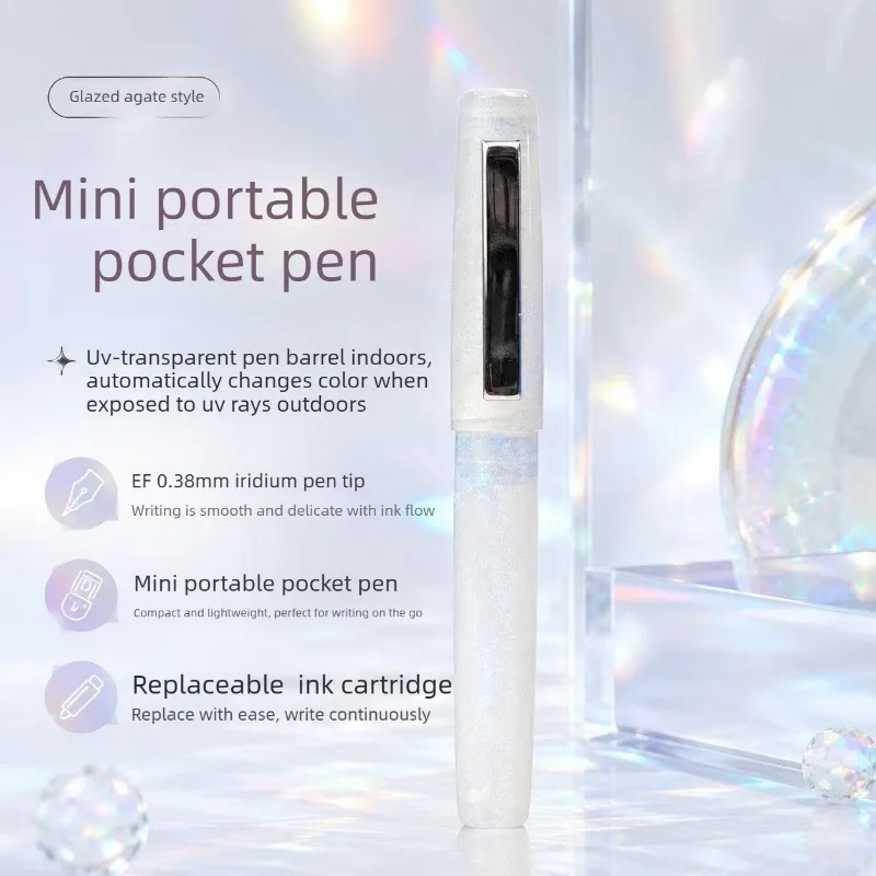 

Pocket Fountain Pen Light Reactive Color Changing Transparent Glitter Body Smooth Writing EF Stationery Office School Supplies