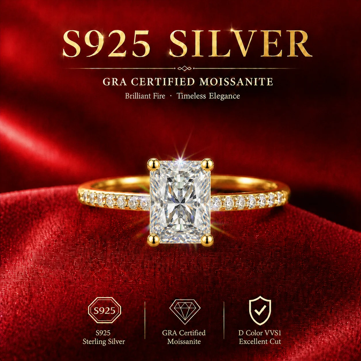 Adjustable 18K Gold Emerald Ring with Moissanite Gemstone S925 Sterling Silver Diamond Tester Approved Women's Sparkling Ring view 2