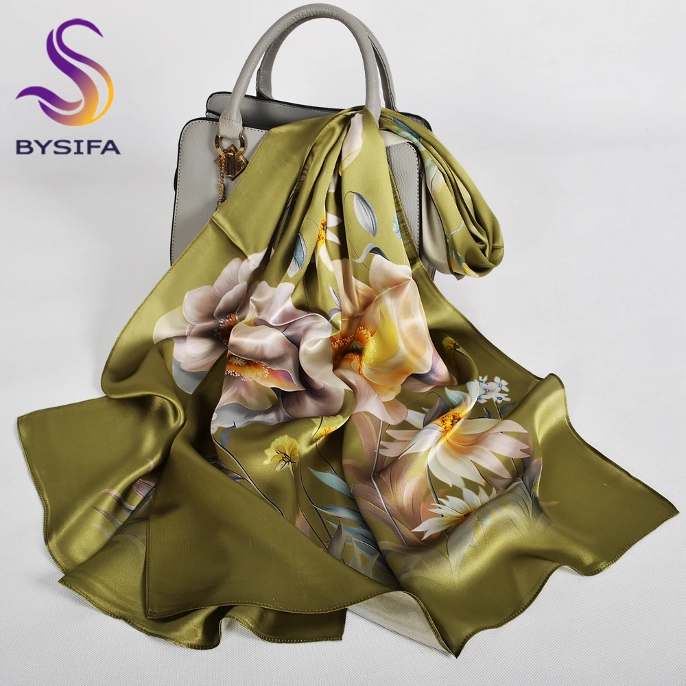

BYSIFA|Army Green Silk Scarf Hijab Winter Elegant Flower Long Scarves Shawls Spring Fall Fashion Brand Head Neck Scarves Wraps