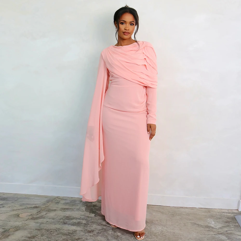 

Simple Evening Dresses Light Pink Long Sleeve Elegant Prom Dress for Women Evening Party 2025 Arabic Pleated Cocktail Gowns