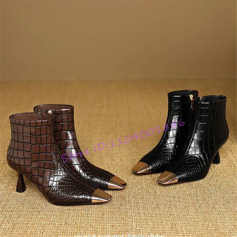 الخريف الشتاء الرجعية أشار تو أحذية بوت قصيرة موضة مثير المعادن تصميم الجانب سستة عالية الكعب مأدبة الحفلات النساء الأحذية المرنة #4