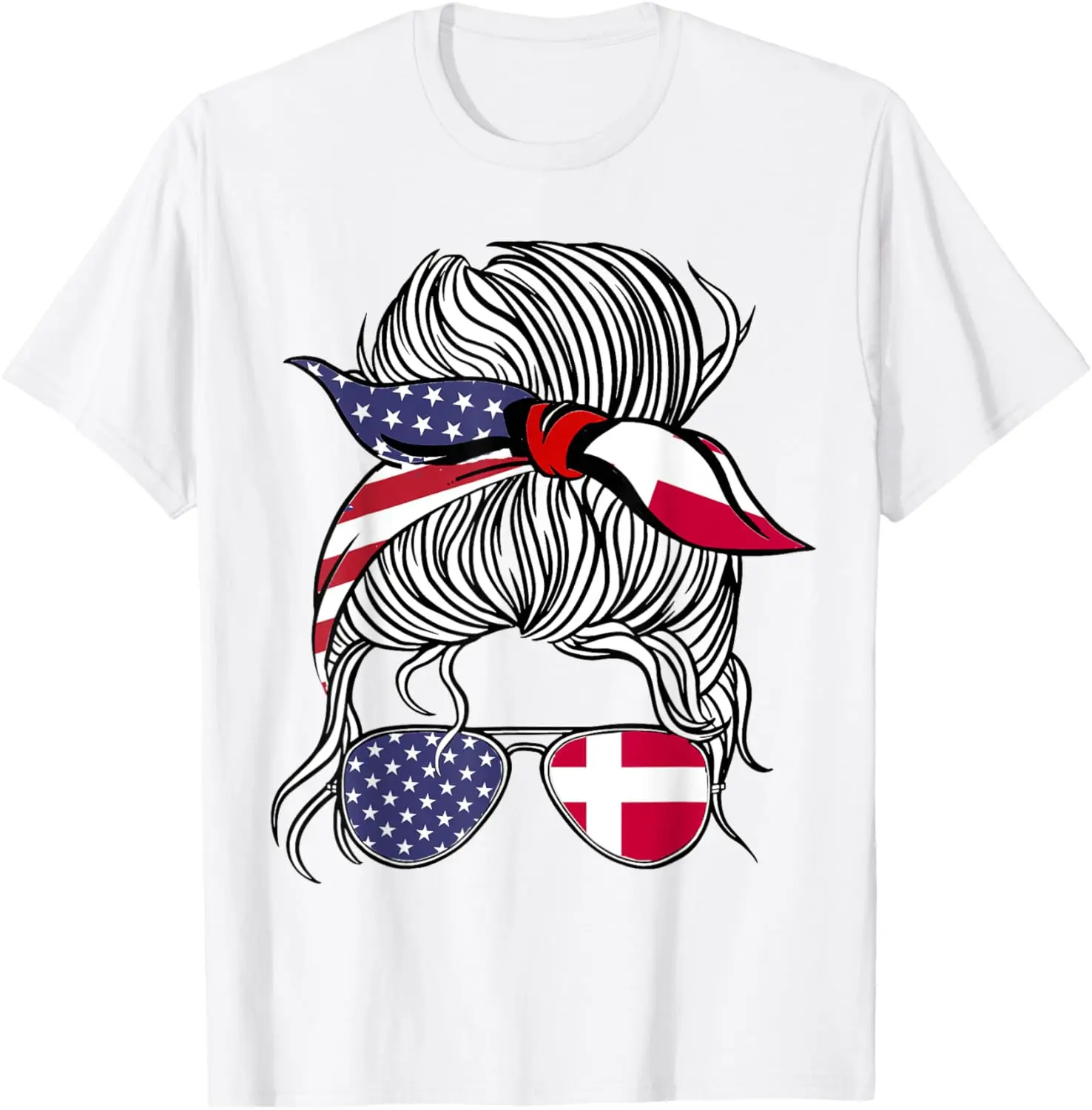 

American Danish Flag Messy Bun Graphic Tee Women Patriot Denmark Roots T-Shirt