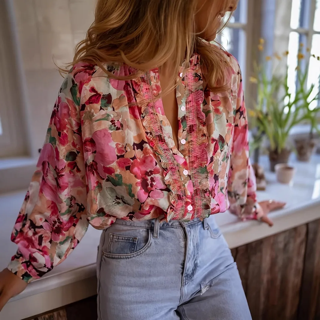 2025 New Fashion Printed Button-Down Shirts Women Summer Casual Loose Lace Round Neck Long Sleeve Home Tops For Women