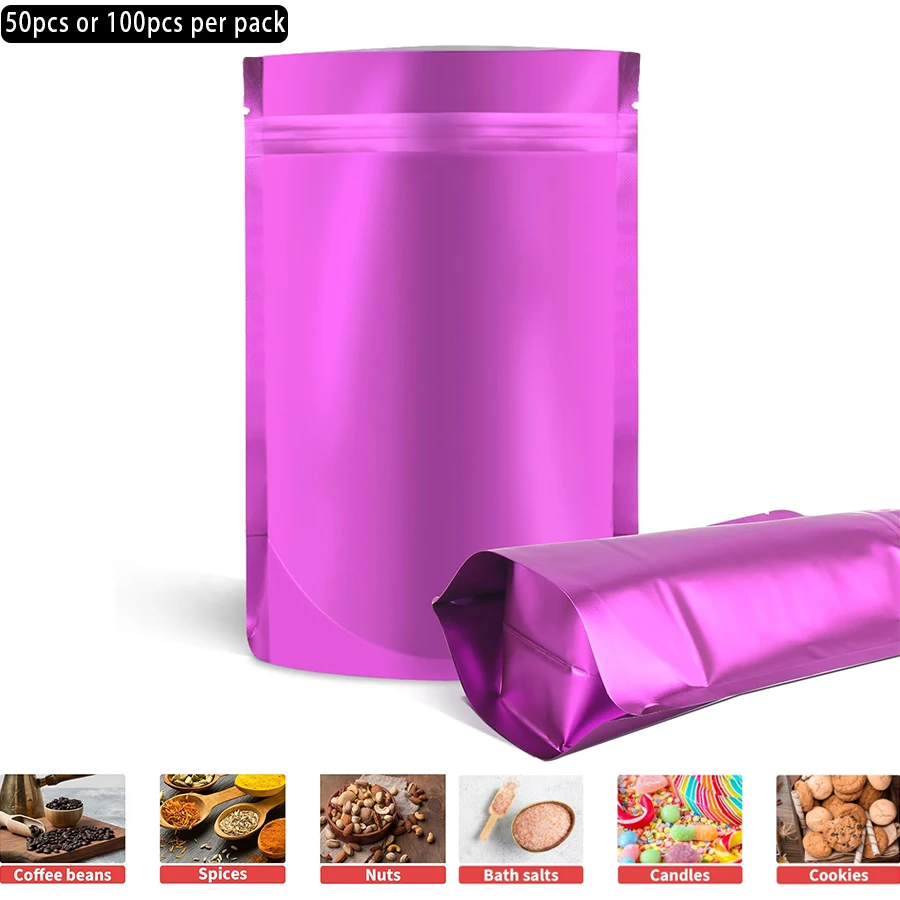 50/100PCS Matte Purple Stand Up Zipper Foil Bags Tear Notch Tea Coffee Nuts Cosmetic Dry Food Storage Pouches