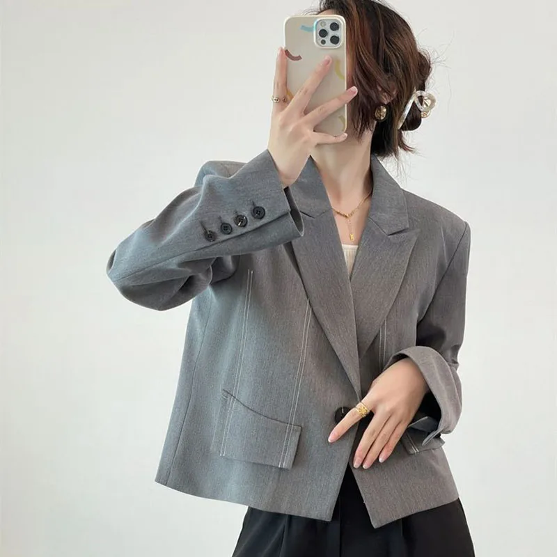 

Lucyever 2023 Fashion Office Blazers Jackets Women Vintage Notched Striped Cropped Blazer Female Black Long Sleeve Button Coat