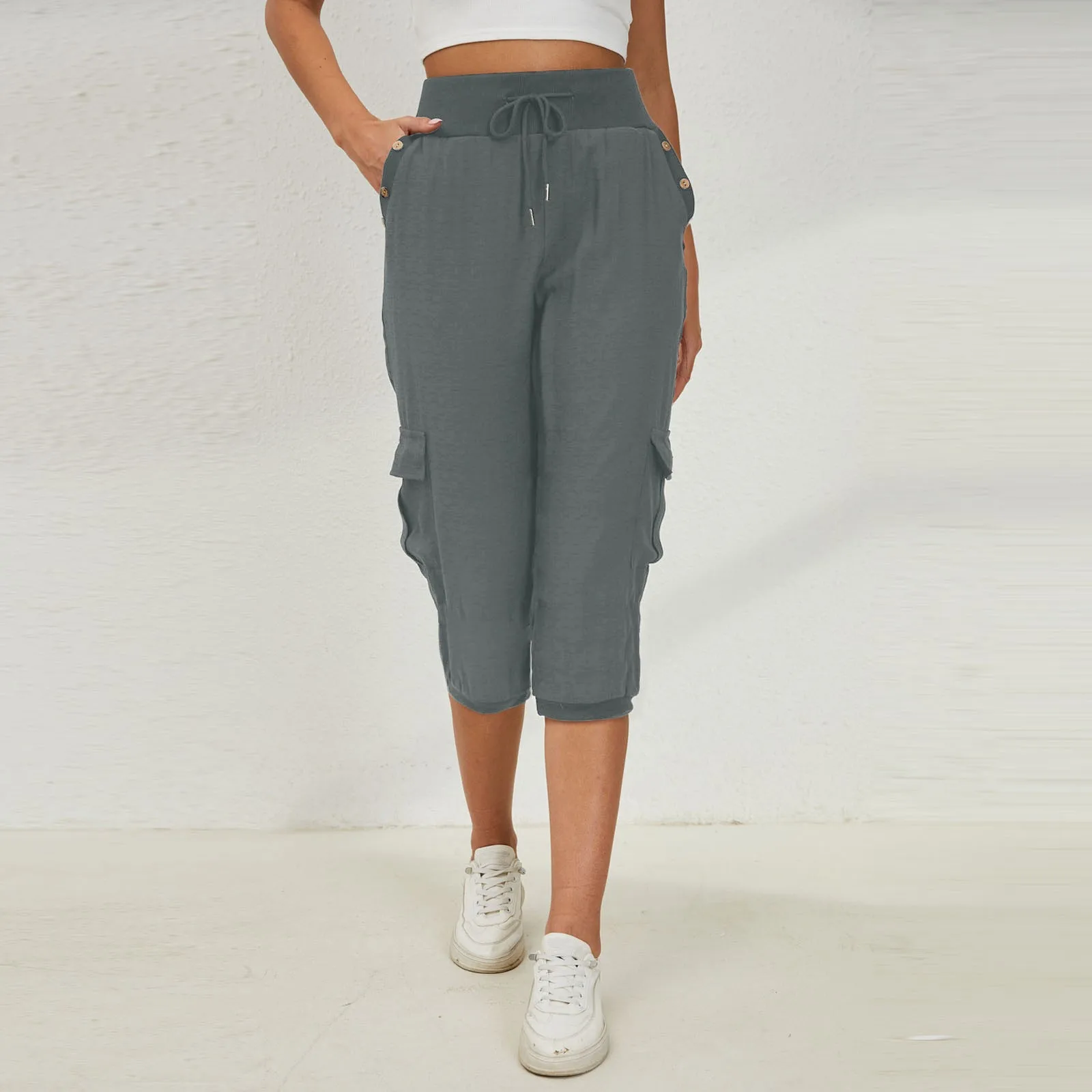 2023 New Women's Pants Elastic Waist 3/4 Pants With Pockets Cotton Linen Casual Trousers Loose Solid Color Yoga Jogger Pants