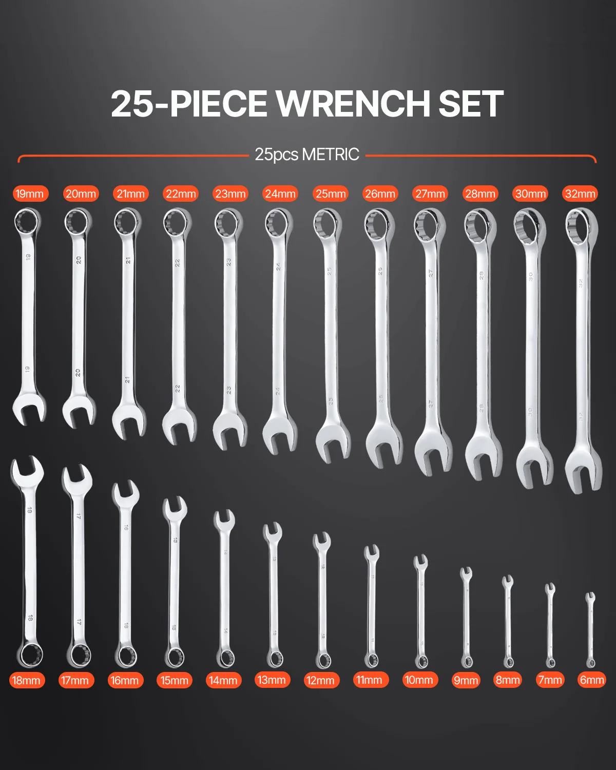 VEVOR Combination Wrench Set 25pcs with Roll-up Pouch Carbon Steel Metric 6 mm to 32 mm Ideal for Garage Workshop Auto Repairs