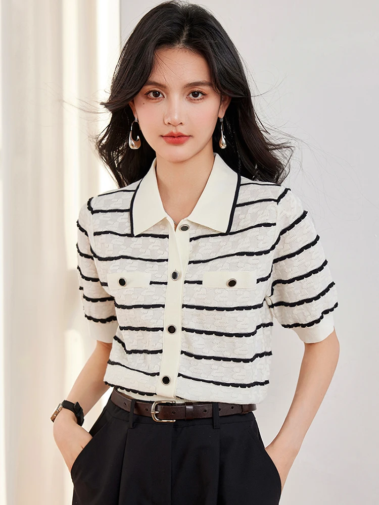 Striped Knitted Cardigan Sweater Women Short Sleeve Single-breasted Tops Jumpers 2024 Spring Stylish Fashion Chic Outwear