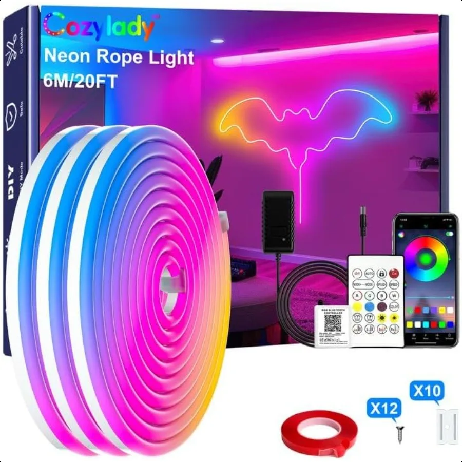 

20 футов RGB светодиодные неоновые веревочные светильники для спальни 6-метровые светодиодные ленты с двусторонней клейкой лентой, приложение с дистанционным управлением, водонепроницаемый DIY L