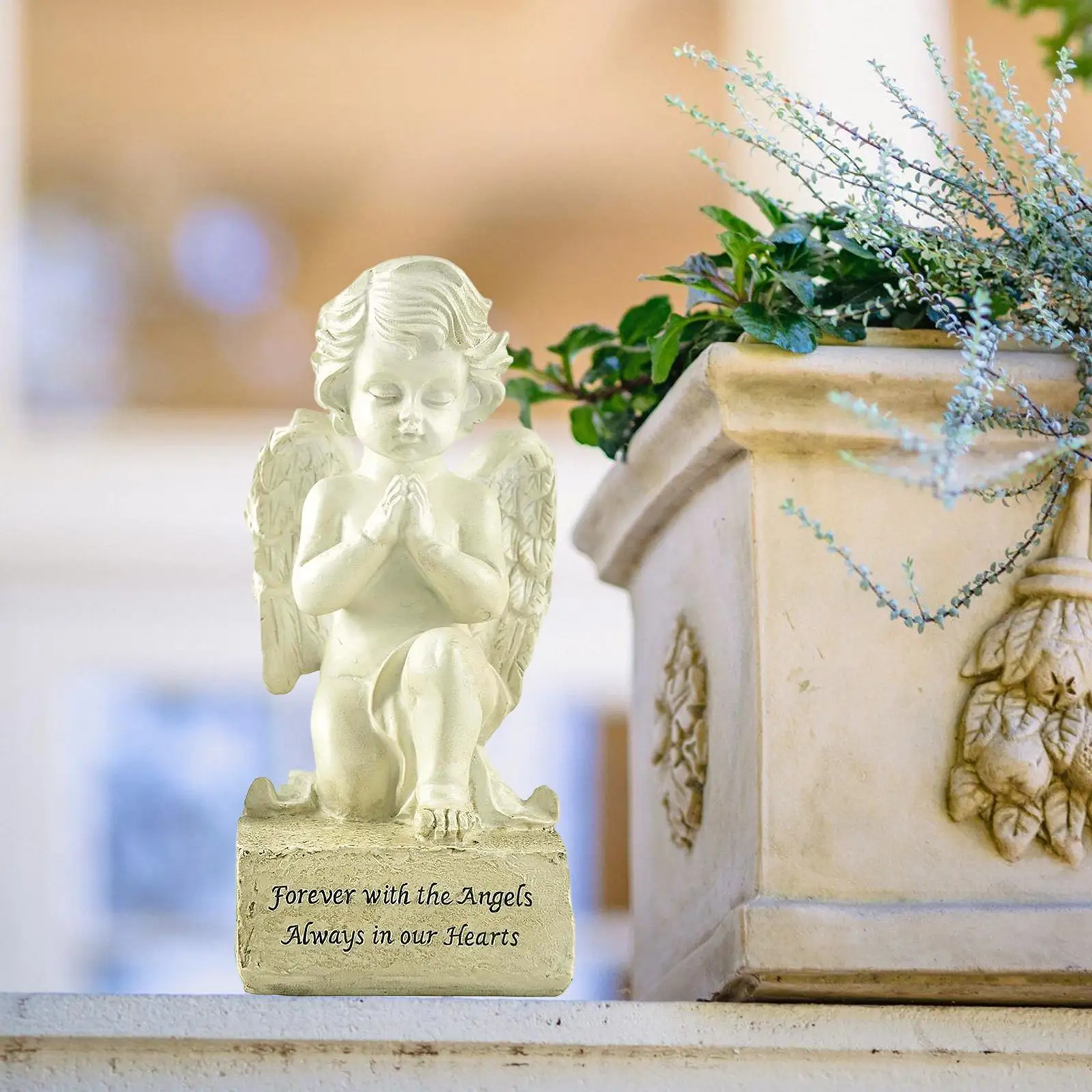Praying Cherub Statue Angel Figurine Memorial Desk Collectible Resin Figure Wing Sculpture for Garden Corridors Housewarming