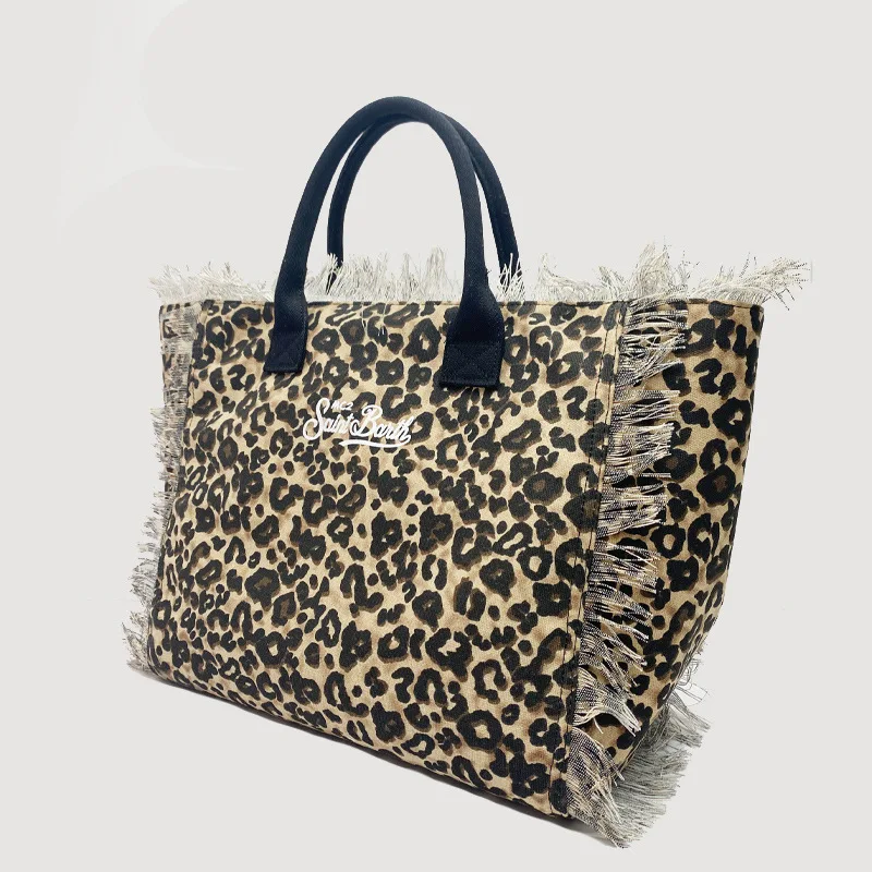 SAINT BARTHNew women\'s high-capacity leisure tourism leopard print canvas handmade tassel handbag tote bag