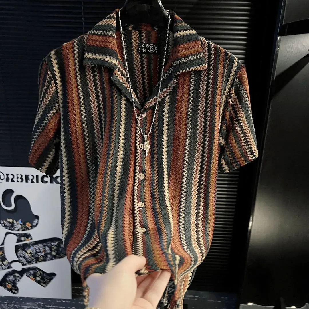 

2025 Japanese Print Retro Summer Striped Ice Silk Shirt Short Sleeve Men's Loose Hollow Contrasting Shirt Casual Style