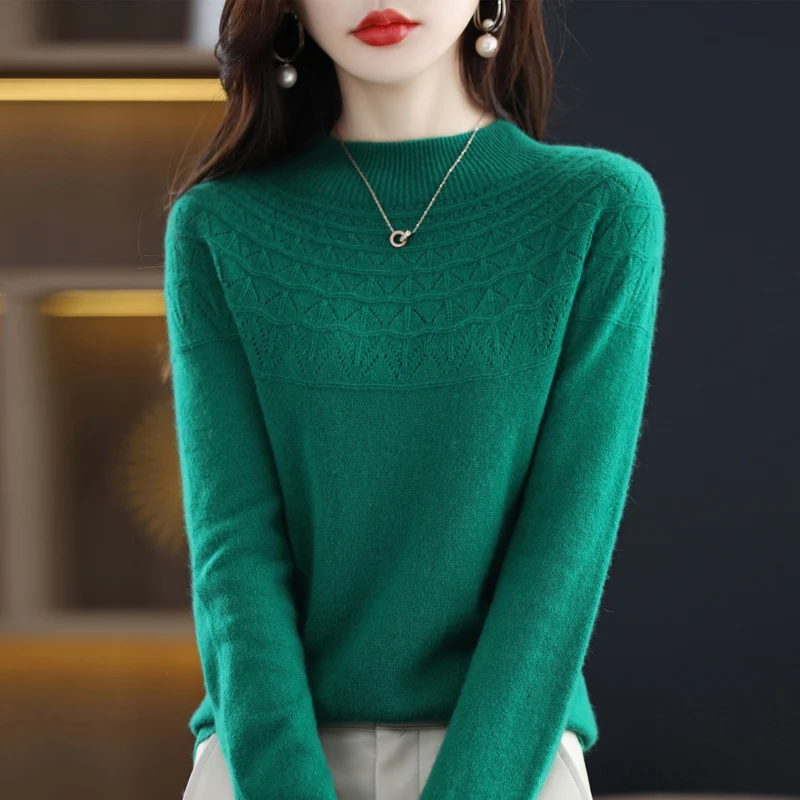 100% Cashmere Sweater Women\'s Half-Turtleneck Slim Seamless Wool Knitted Bottoming Shirt Hollow Loose In Autumn And Winter