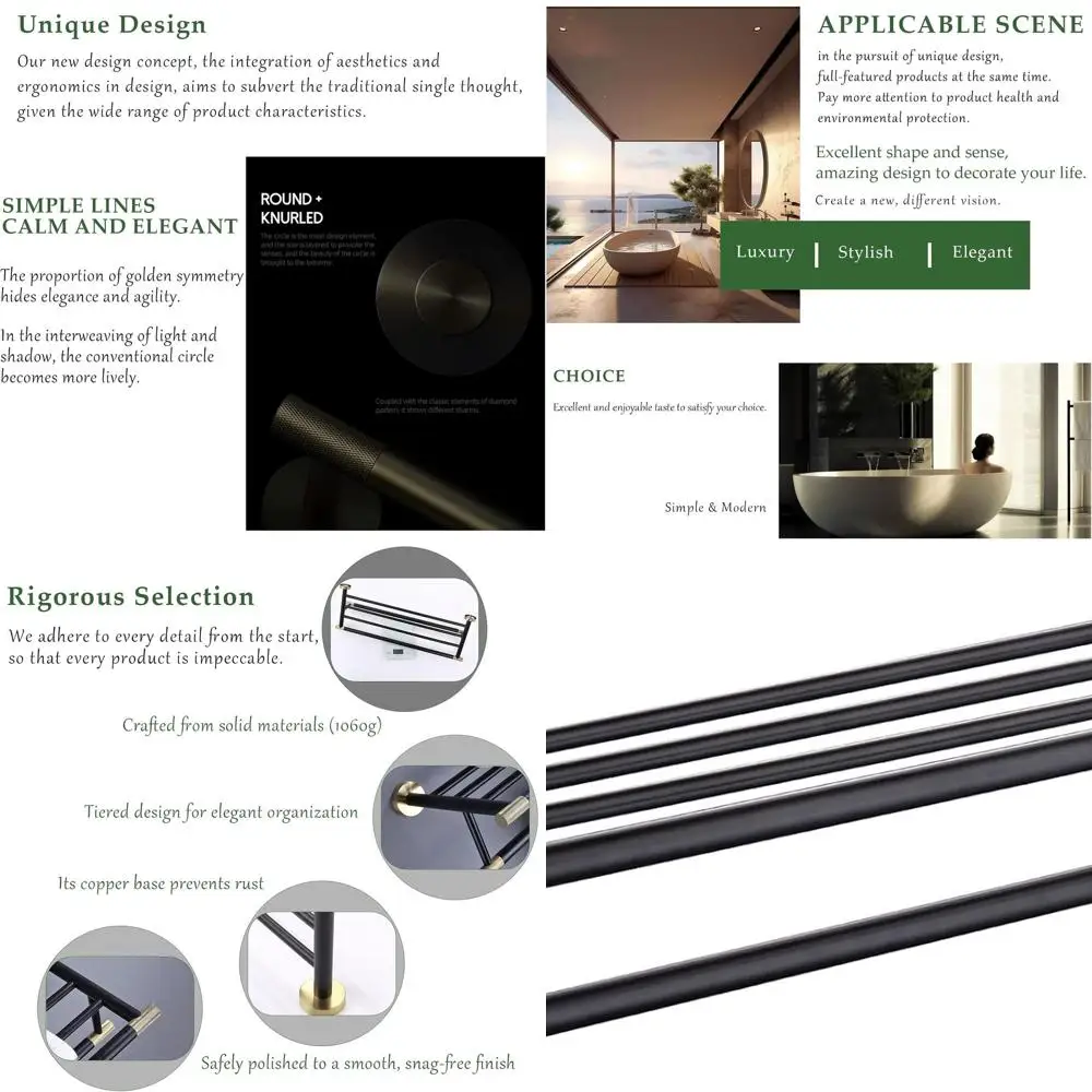 

24 Wall-Mounted Matte Black & Gold Towel Rack, Solid Brass Accents, Rust-Free 304 Stainless Steel, Perfect for Home & Hotels