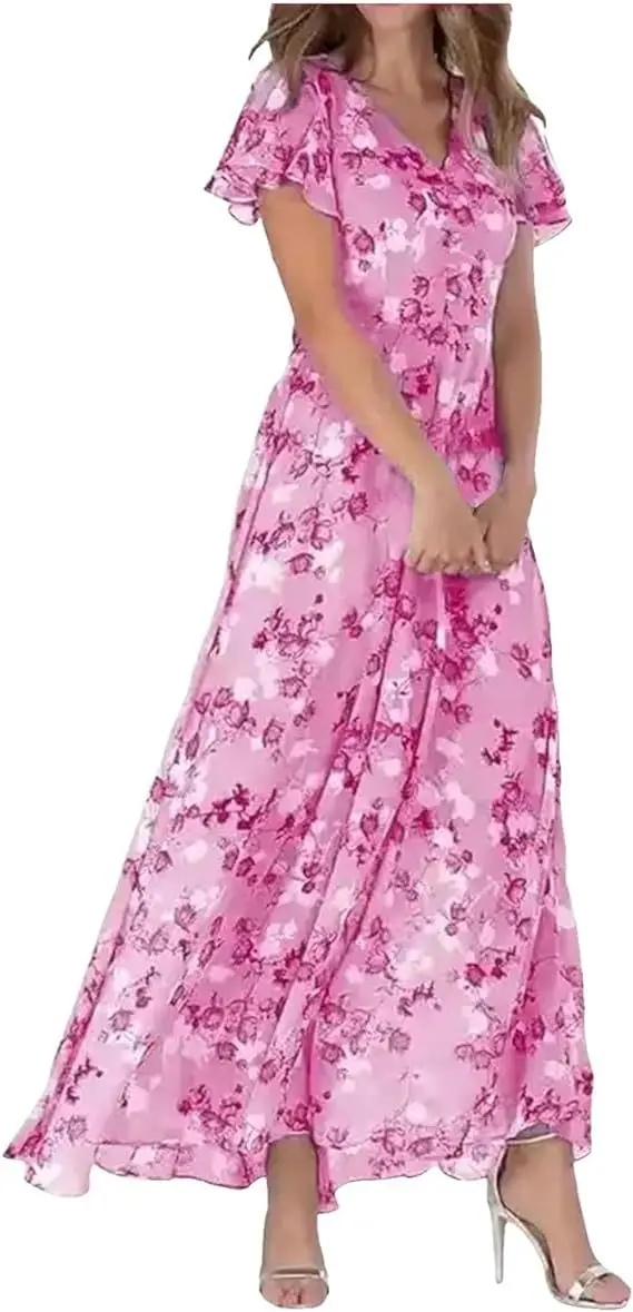 Frauen V-ausschnitt Rüschen Kurzarm Maxi Kleid Taille Engen High-taille Saum Süße Blumen Druck Chiffon-Kleid Weibliche Kleidung vestidos