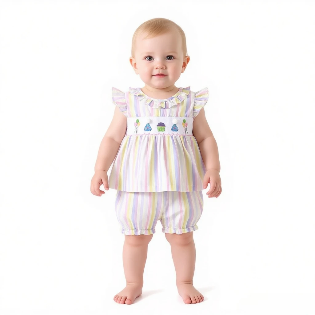 

Summer New Girls Smocked 2 Piece Set Cotton Top Shorts Purple Stripe Cute Birthday Outfit Soft Comfortable Daily Wear for Kids