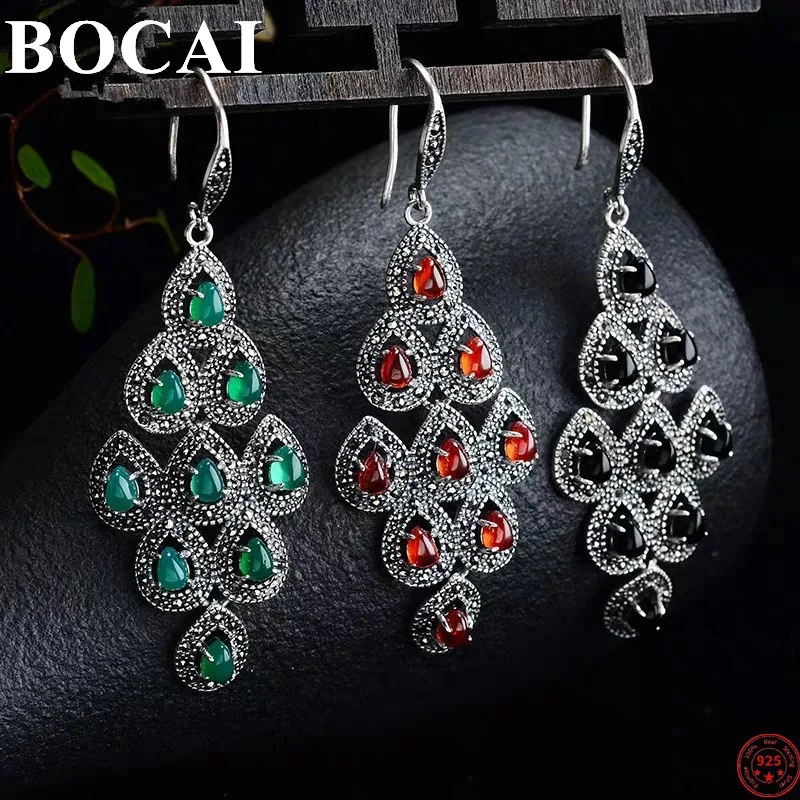 

BOCAI S925 Sterling Silver Earrings for Women 2022 New Fashion Garnet Agate Green Chalcedony Jewelry Argentum Gems Ear Drop