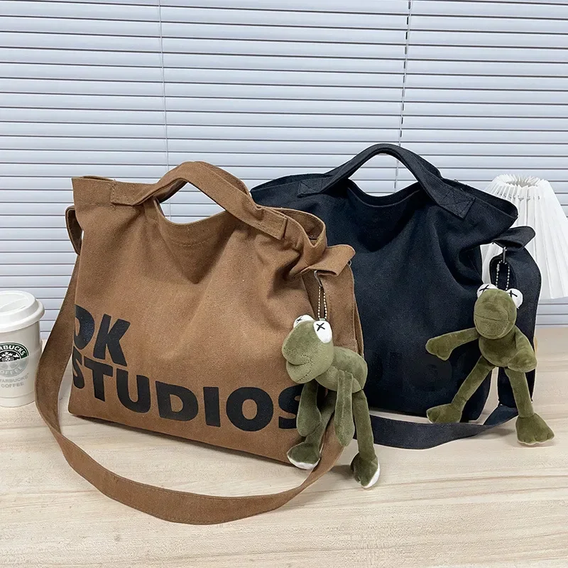 

Crossbody Tote Bag Shoulder Washed Canvas Large Capacity Multi Pockets Shopping School Korean Casual