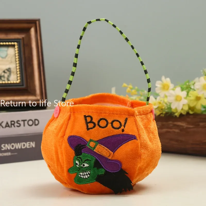 Borsa per caramelle portatile ricamata di Halloween per bambini Cestino per oggetti decorativi portatili Borsa per caramelle con secchiello per zucca di Halloween