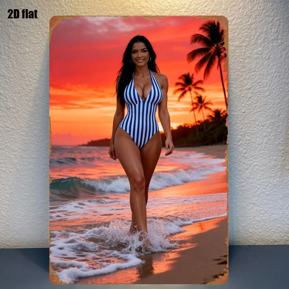 Retro Sunset Beach Girl Metal Sign 8x12in Wall Art for Farmhouse Kitchen Decor
