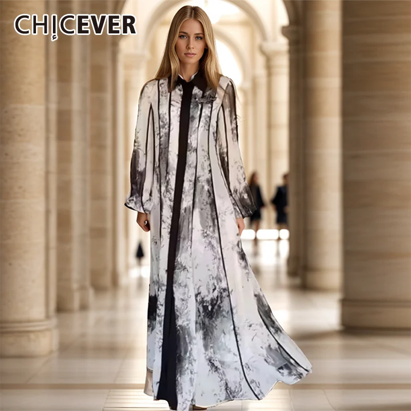 

CHICEVER Tie Dye Elegant Pleated Dresses For Women Lapel Long Sleeve High Waist Patchwork Belt Dress Female Clothing Autumn New