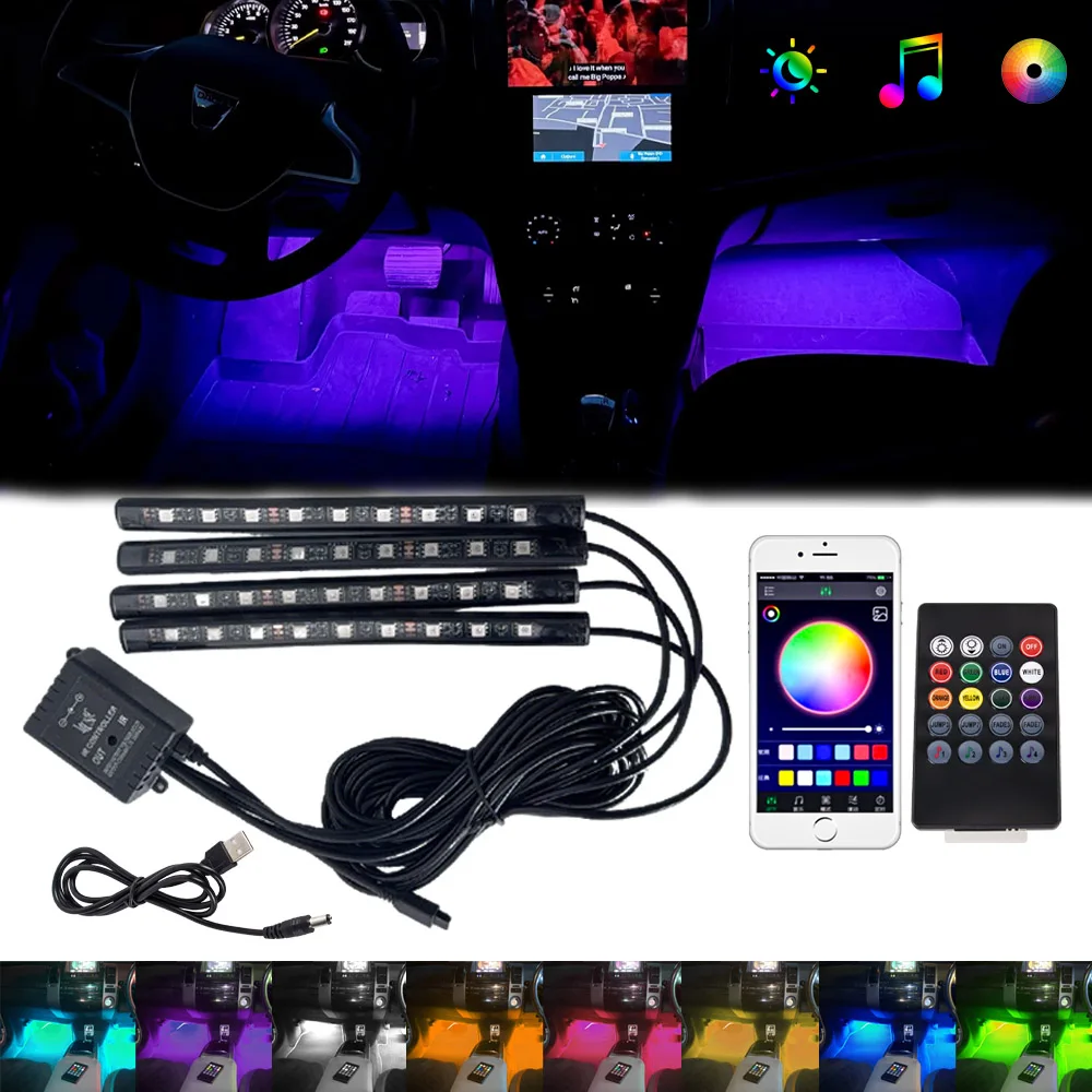 

Led Car RGB Interior Ambient Light Foot Strips Light Kit Backlight Remote App Music Control Neon Auto Atmosphere Decoration Lamp