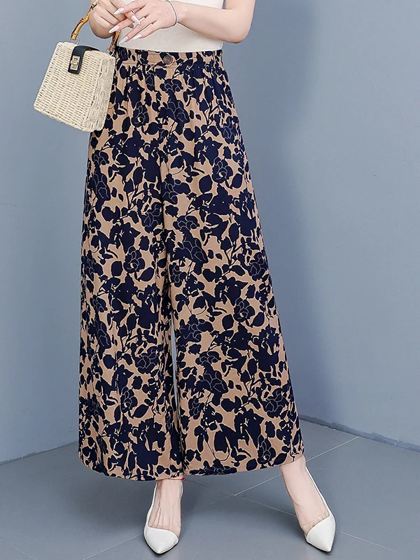 Pantalones de pierna ancha de cintura alta para mujer, pantalones fluidos cómodos e informales, pantalones de playa con estampado Floral de tendencia con bolsillos E8906