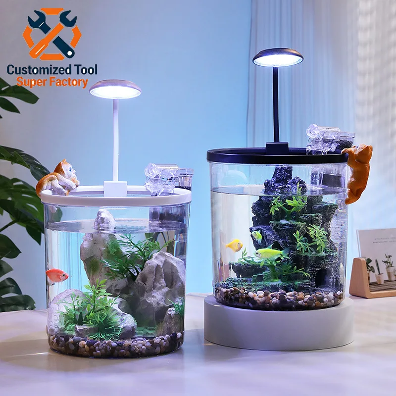 Acuario moderno y ecológico de plástico de 4L con sistema de circulación y oxígeno, adecuado para peces tropicales de escritorio y de salón.